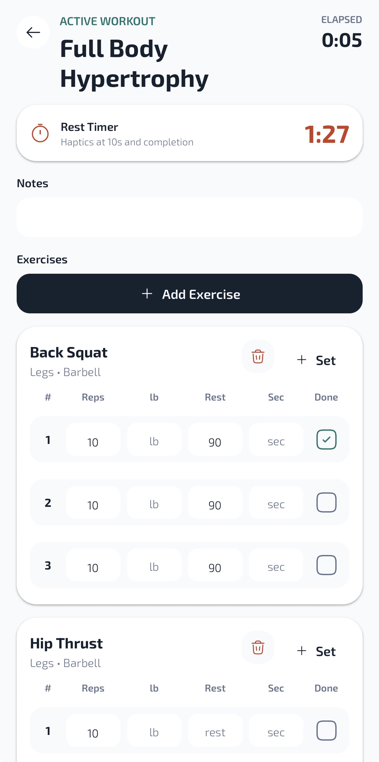 Active Workout screen: Full Body Hypertrophy with a rest timer and Back Squat sets logged